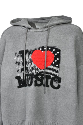 “I LOVE MUSIC” PULLOVER KNIT HOODIE (EXCLUSIVE) / GRY 
