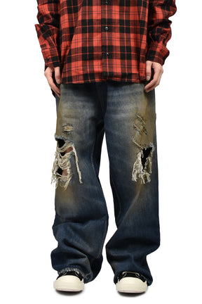 TRASHED JEANS / WASHED CUT BLU