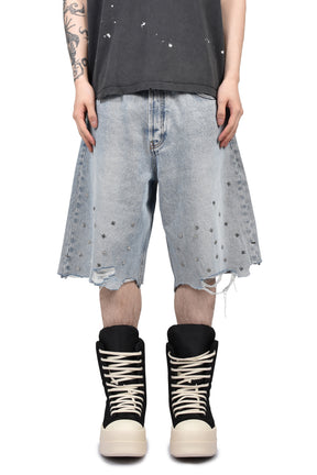 CROSS PIN BAGGY JEANS SHORTS / WASHED BLUE