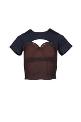 DENIM LACE COMBI T-SHIRT / ORANGE