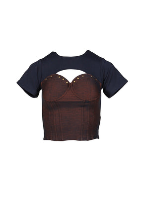 DENIM LACE COMBI T-SHIRT / ORANGE