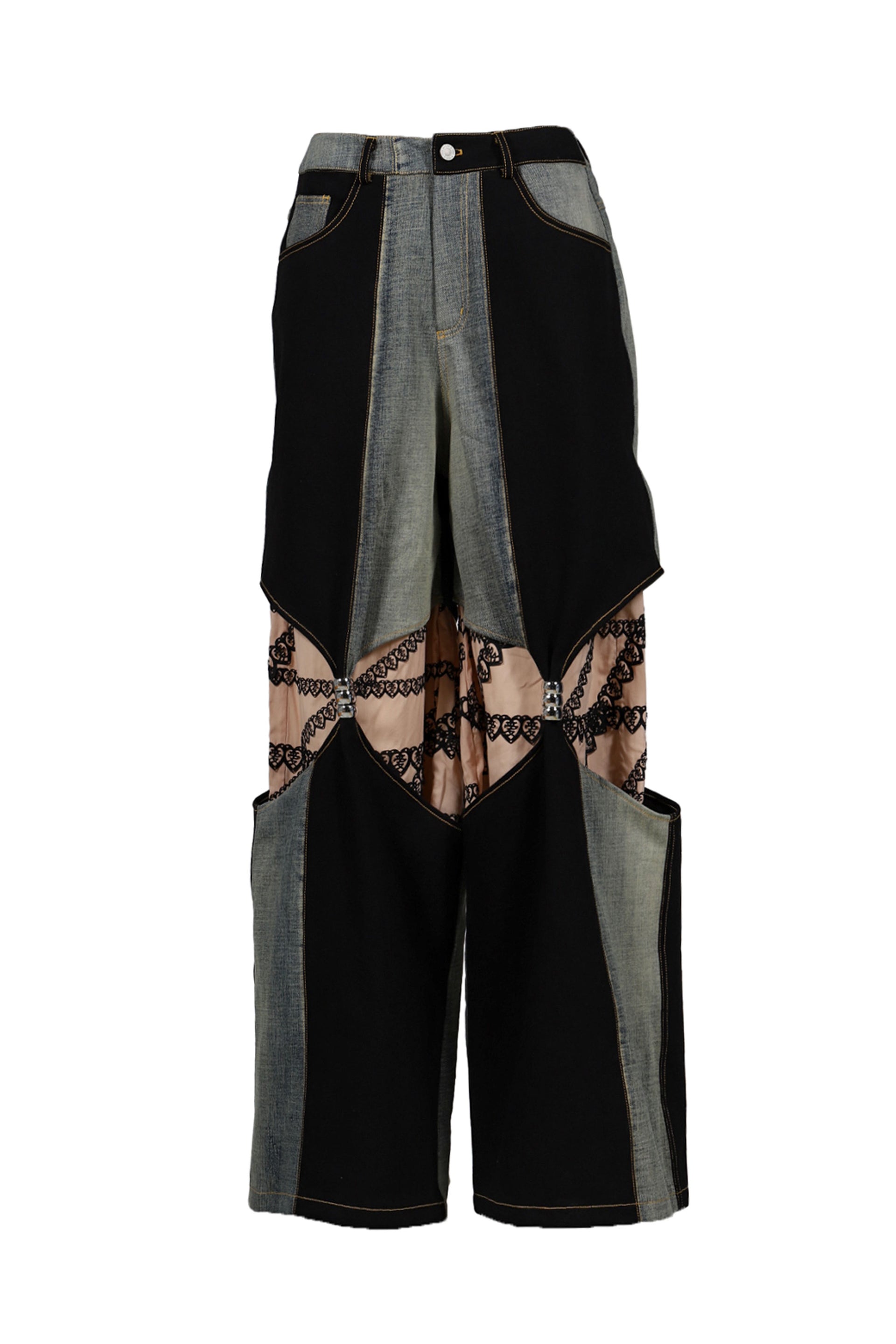 YUEQI QI UPCYCLED DENIM TAUPE HOURGLASS TROUSERS / BLK