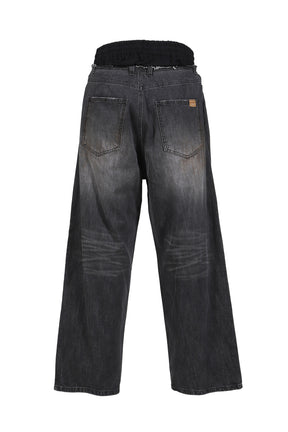 SWEATPANTS LAYERED DENIM PANTS / BLK