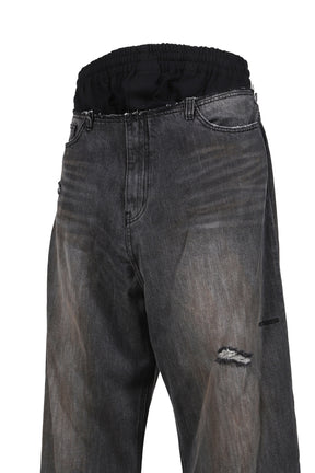SWEATPANTS LAYERED DENIM PANTS / BLK