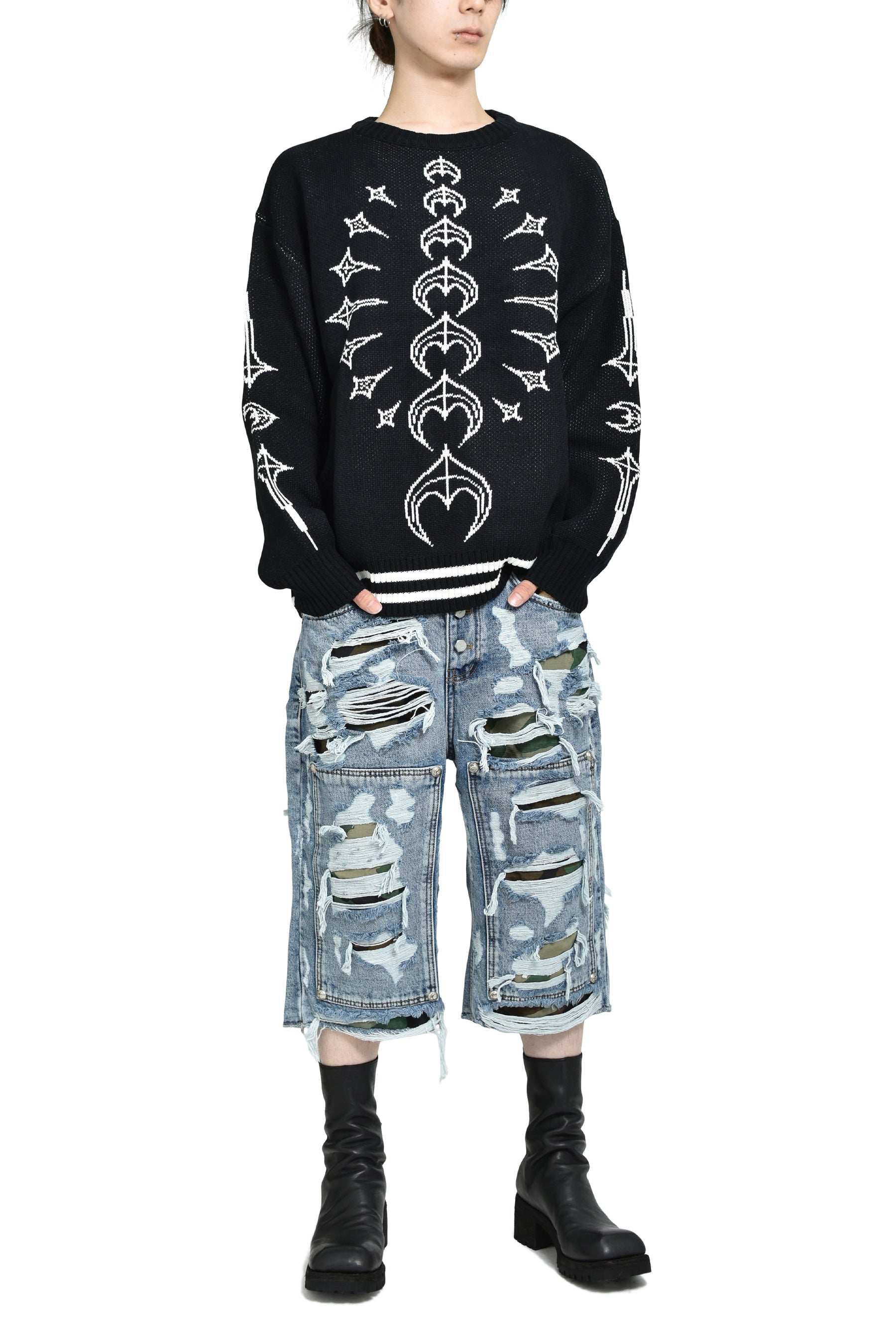 TC BONE KNIT SWEATER / BLK/WHT 