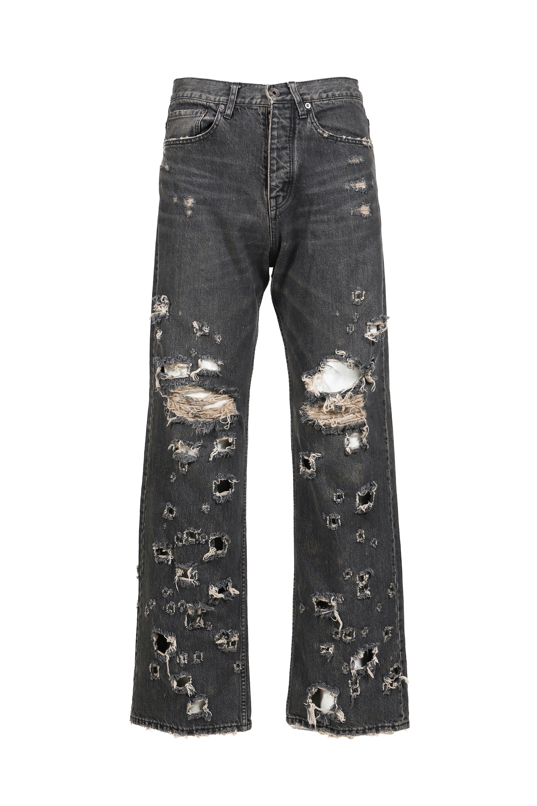 "DAMAGE" STRAIGHT DENIM PANTS / BLK 