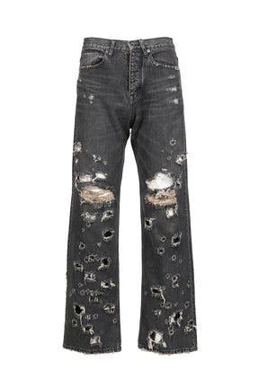 "DAMAGE" STRAIGHT DENIM PANTS / BLK 