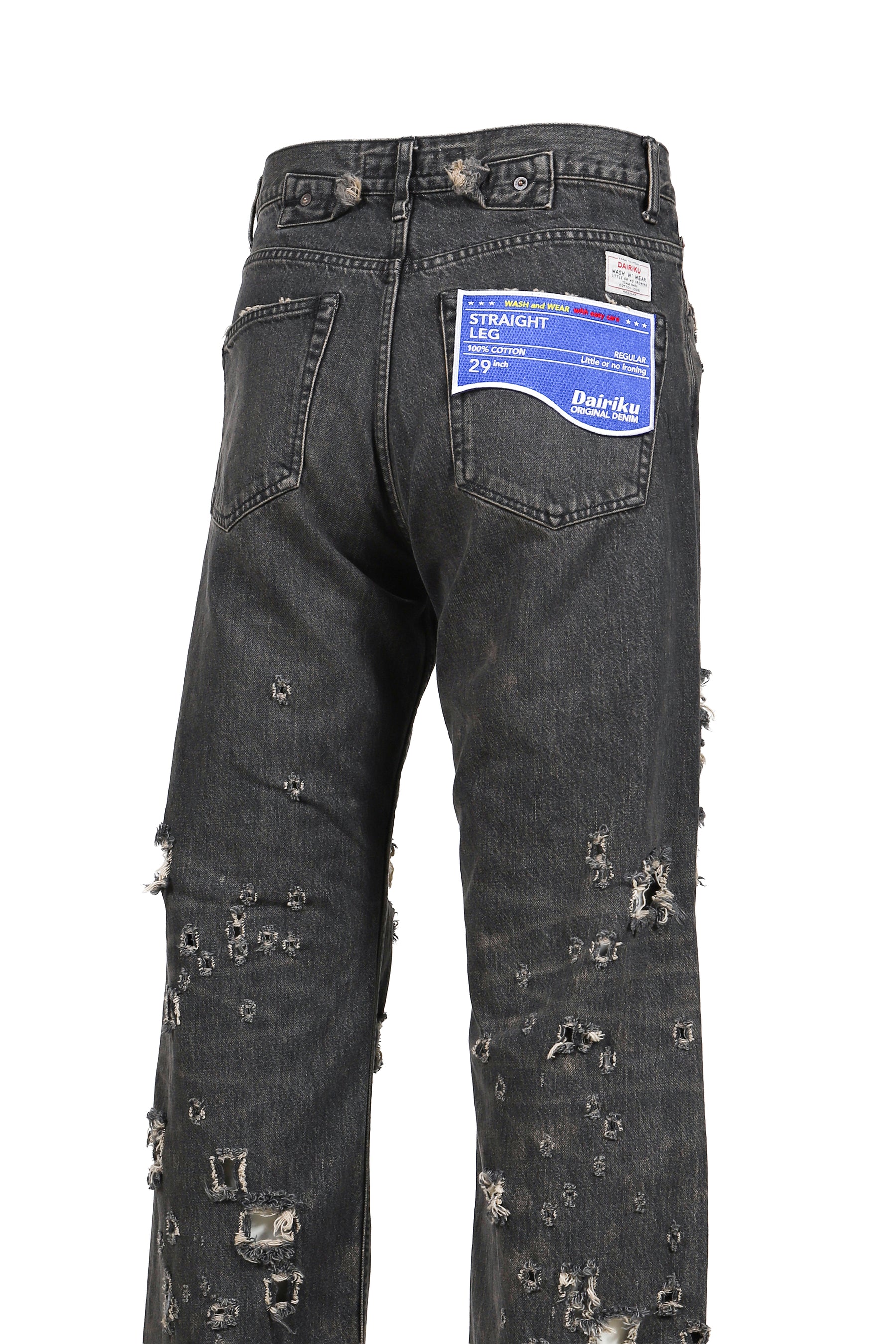 "DAMAGE" STRAIGHT DENIM PANTS / BLK 