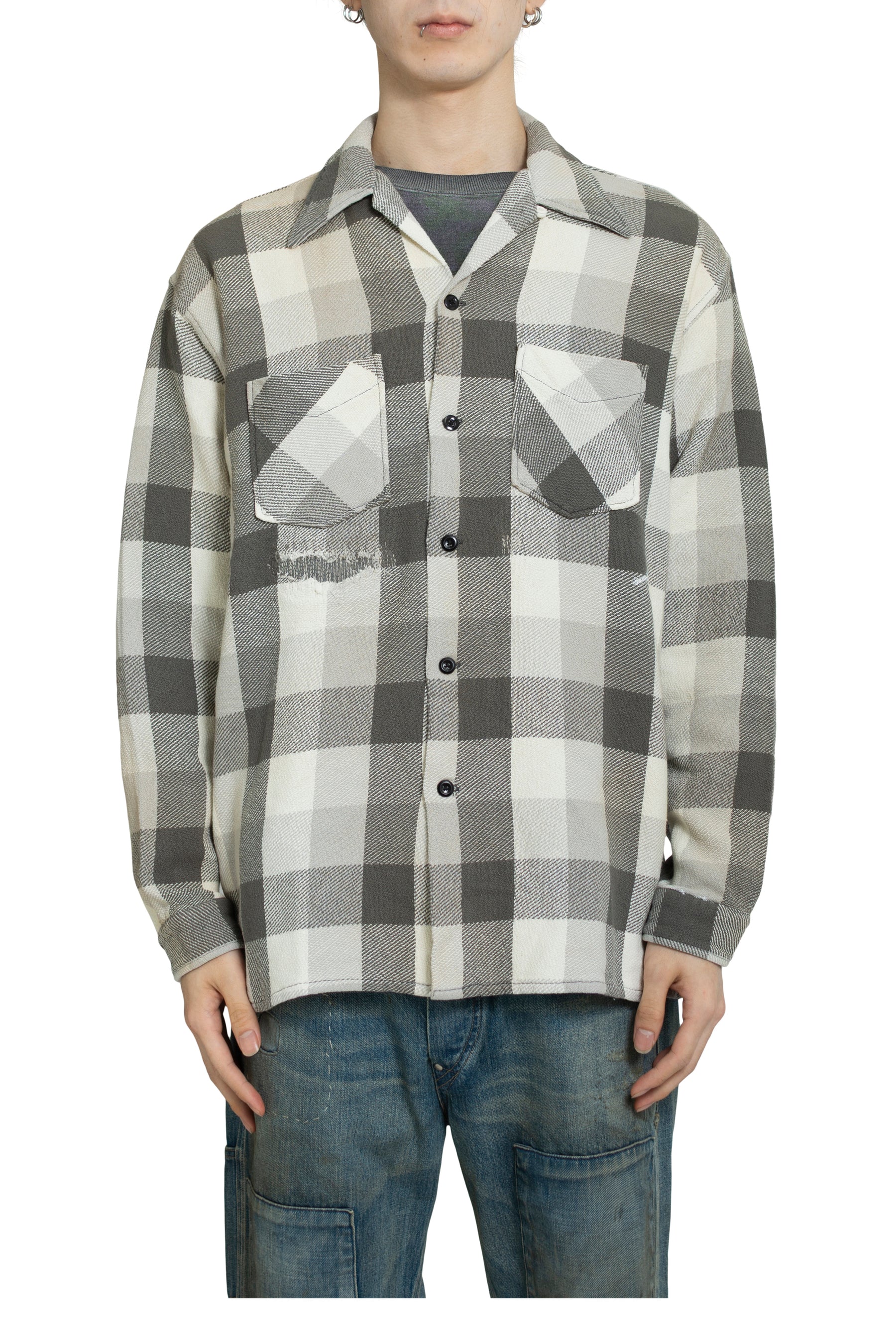 DAMAGED AND STAINED FLANNEL SHIRT / AGED GRY×WHT