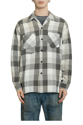 DAMAGED AND STAINED FLANNEL SHIRT / AGED GRY×WHT