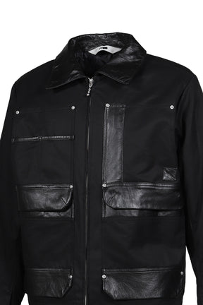 DECKARD COTTON GABARDINE X LEATHER DOUBLE FRONT JACKET / BLK