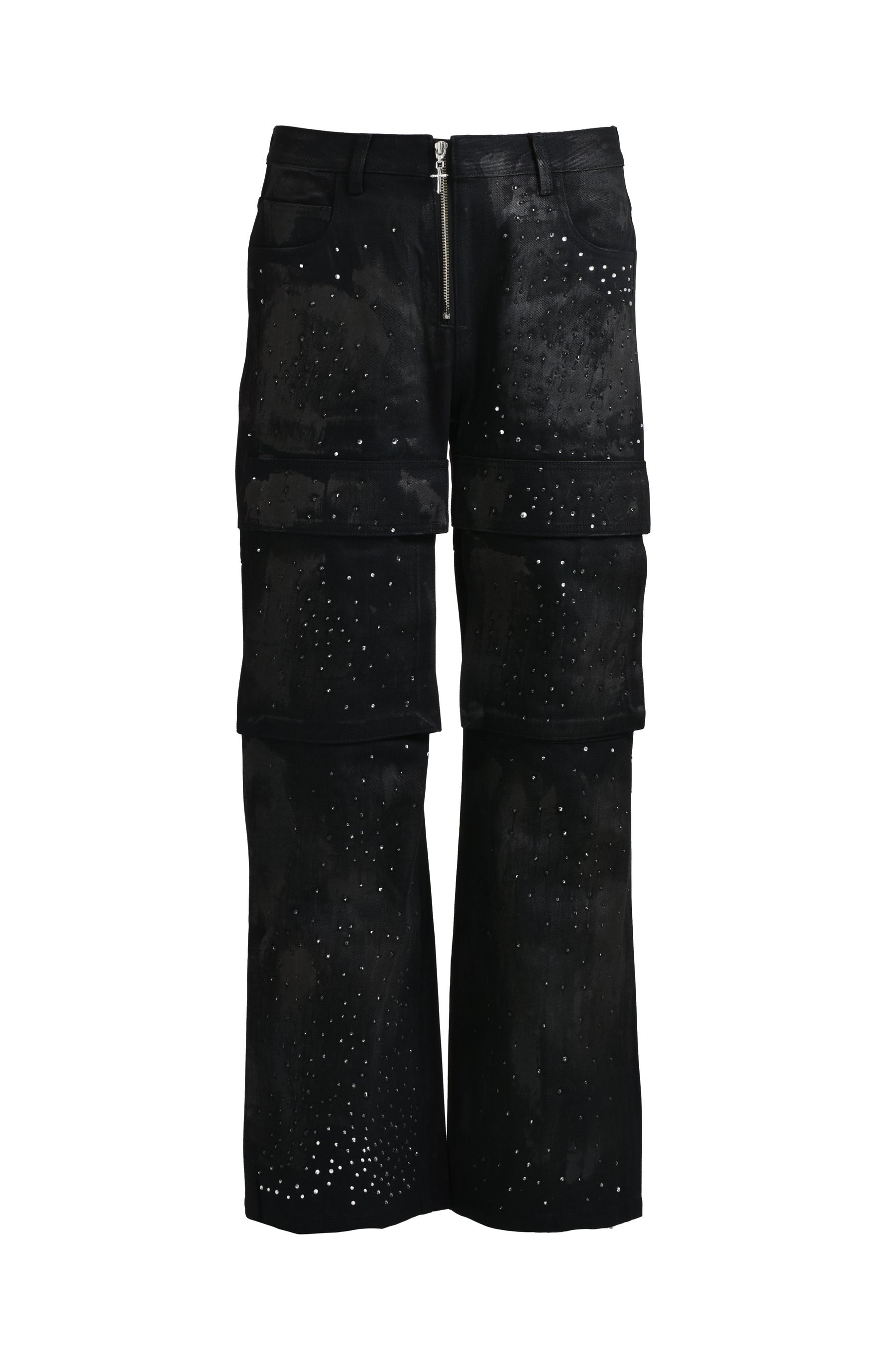 RHINESTONE CORTING DENIM PANTS / BLK