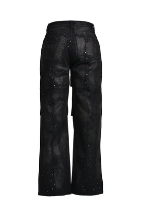 RHINESTONE CORTING DENIM PANTS / BLK