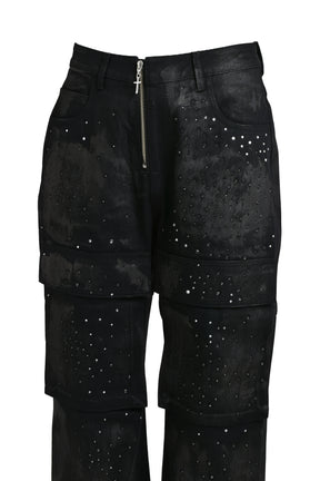 RHINESTONE CORTING DENIM PANTS / BLK