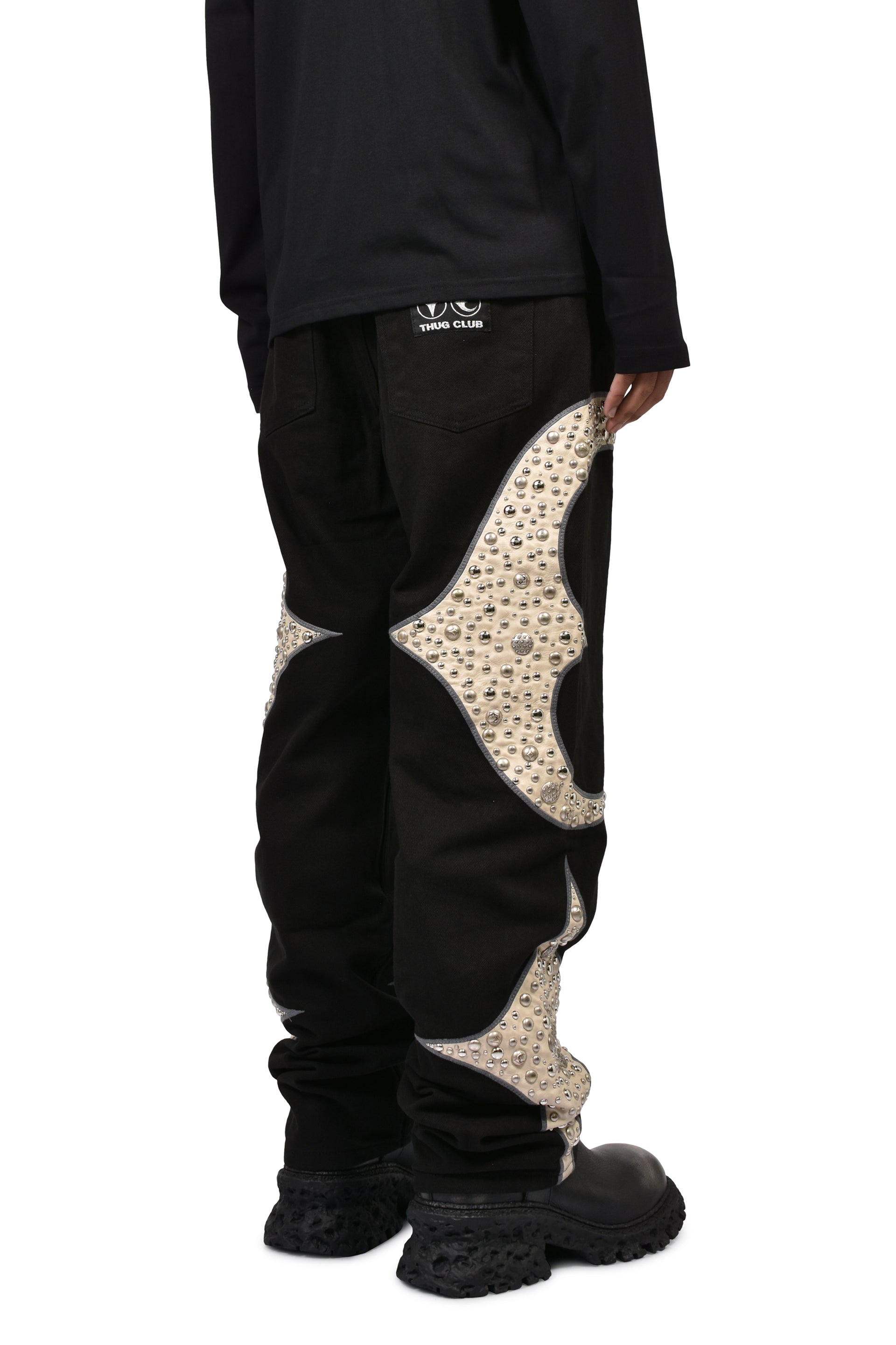 IRON STEEL FOCUS LEATHER DENIM PANTS / BLK