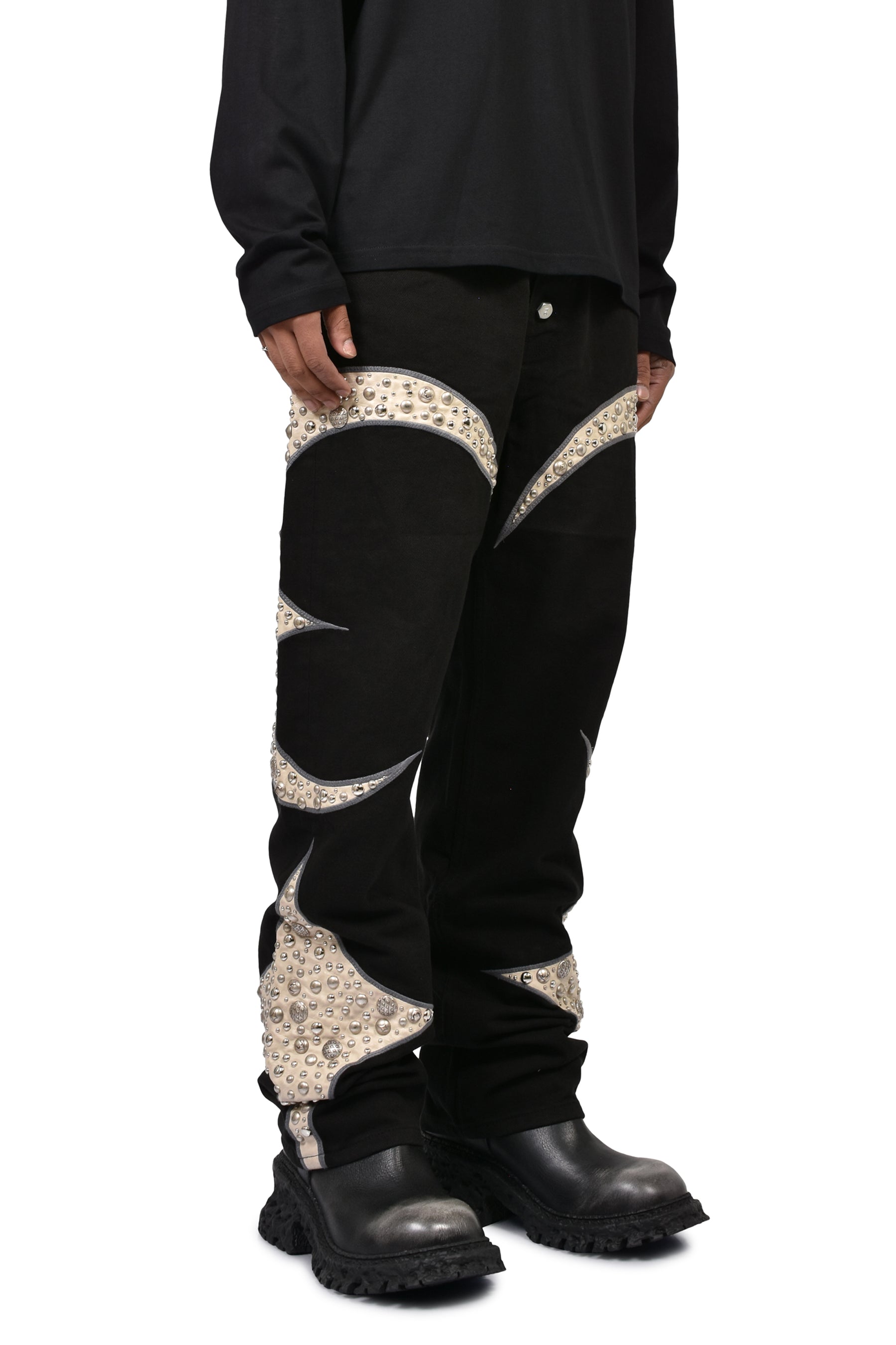 IRON STEEL FOCUS LEATHER DENIM PANTS / BLK