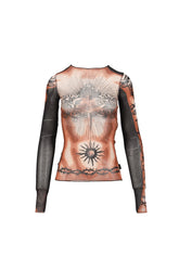 Jean Paul Gaultier RE-EDITION : LONG SLEEVES CREW NECK TOP - PRINTED "SAFE SEX TATOO" / NUDE/BRW/B
