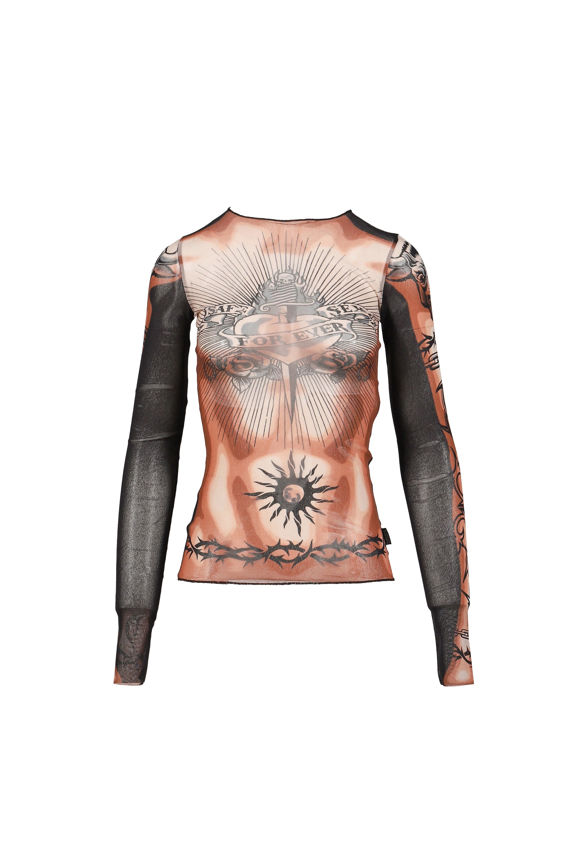 Jean Paul Gaultier RE-EDITION : LONG SLEEVES CREW NECK TOP - PRINTED "SAFE SEX TATOO" / NUDE/BRW/B