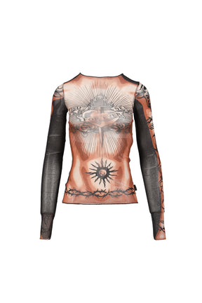Jean Paul Gaultier RE-EDITION : LONG SLEEVES CREW NECK TOP - PRINTED "SAFE SEX TATOO" / NUDE/BRW/B