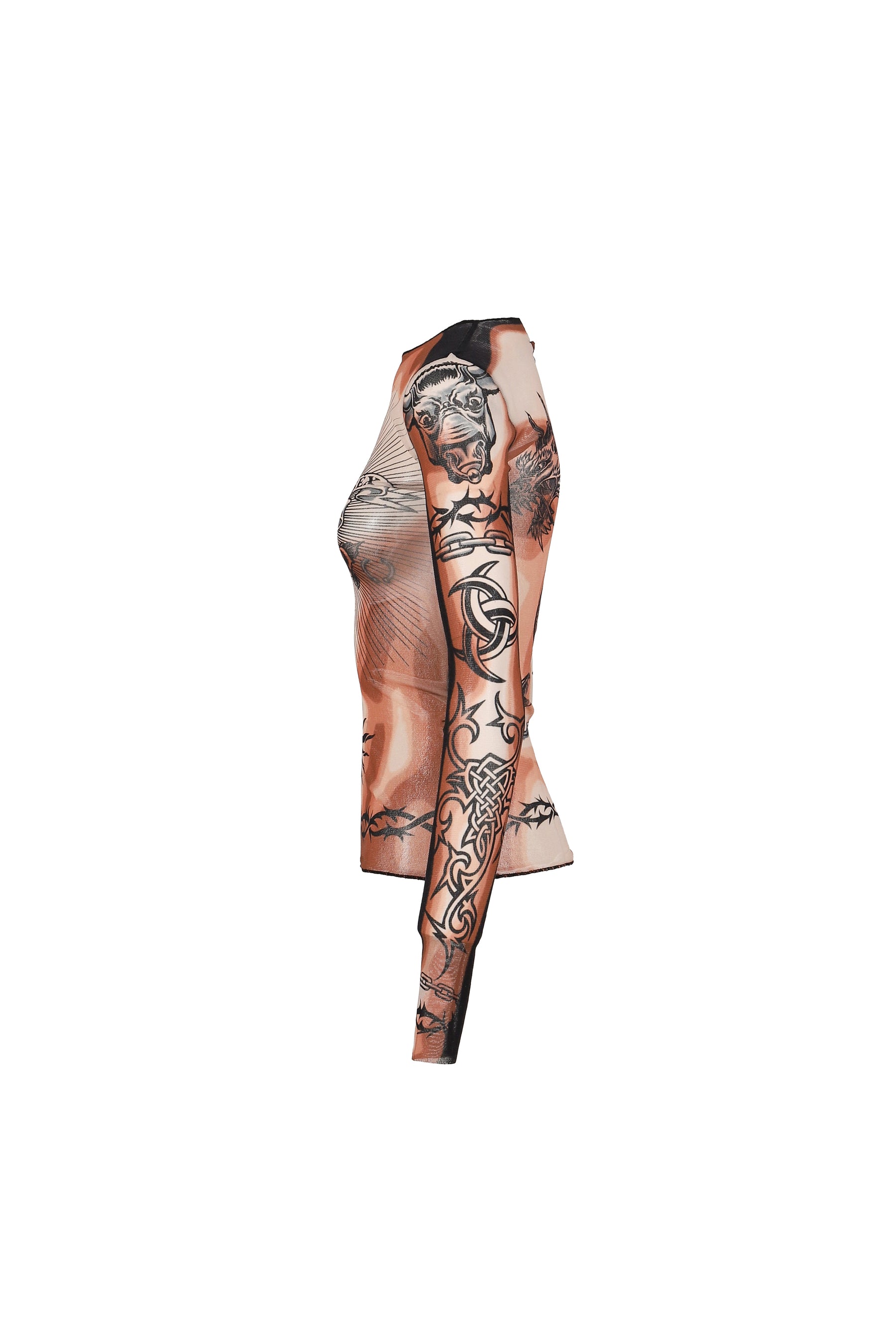 Jean Paul Gaultier RE-EDITION : LONG SLEEVES CREW NECK TOP - PRINTED "SAFE SEX TATOO" / NUDE/BRW/B