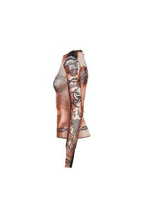 Jean Paul Gaultier RE-EDITION : LONG SLEEVES CREW NECK TOP - PRINTED "SAFE SEX TATOO" / NUDE/BRW/B
