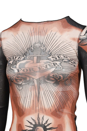 Jean Paul Gaultier RE-EDITION : LONG SLEEVES CREW NECK TOP - PRINTED "SAFE SEX TATOO" / NUDE/BRW/B