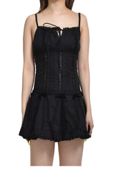 BLACK LACE TRIM PLEATED COTTON DRESS / BLK