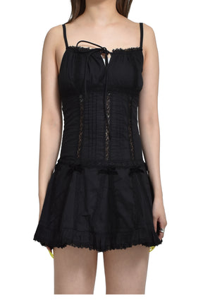 BLACK LACE TRIM PLEATED COTTON DRESS / BLK
