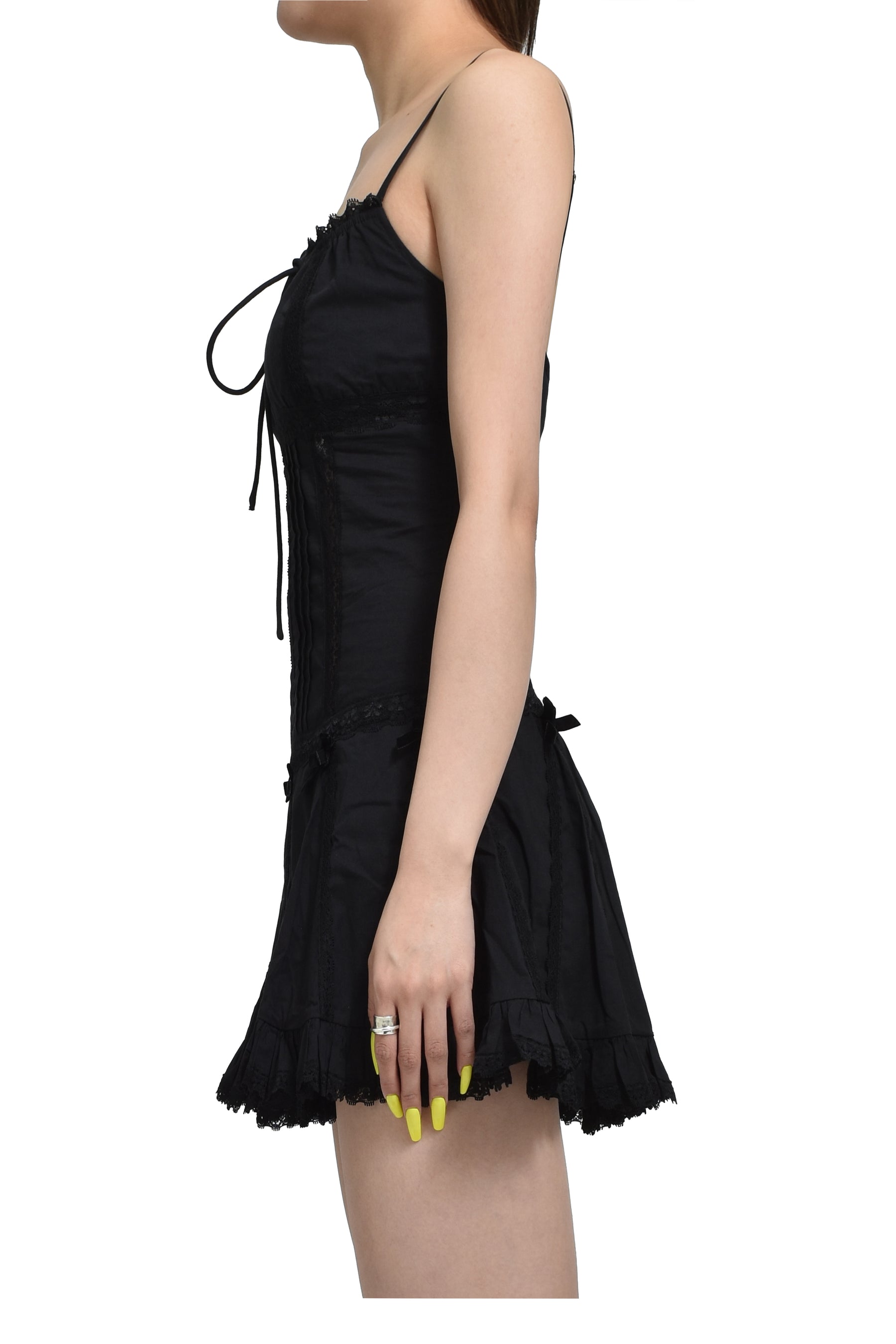 BLACK LACE TRIM PLEATED COTTON DRESS / BLK