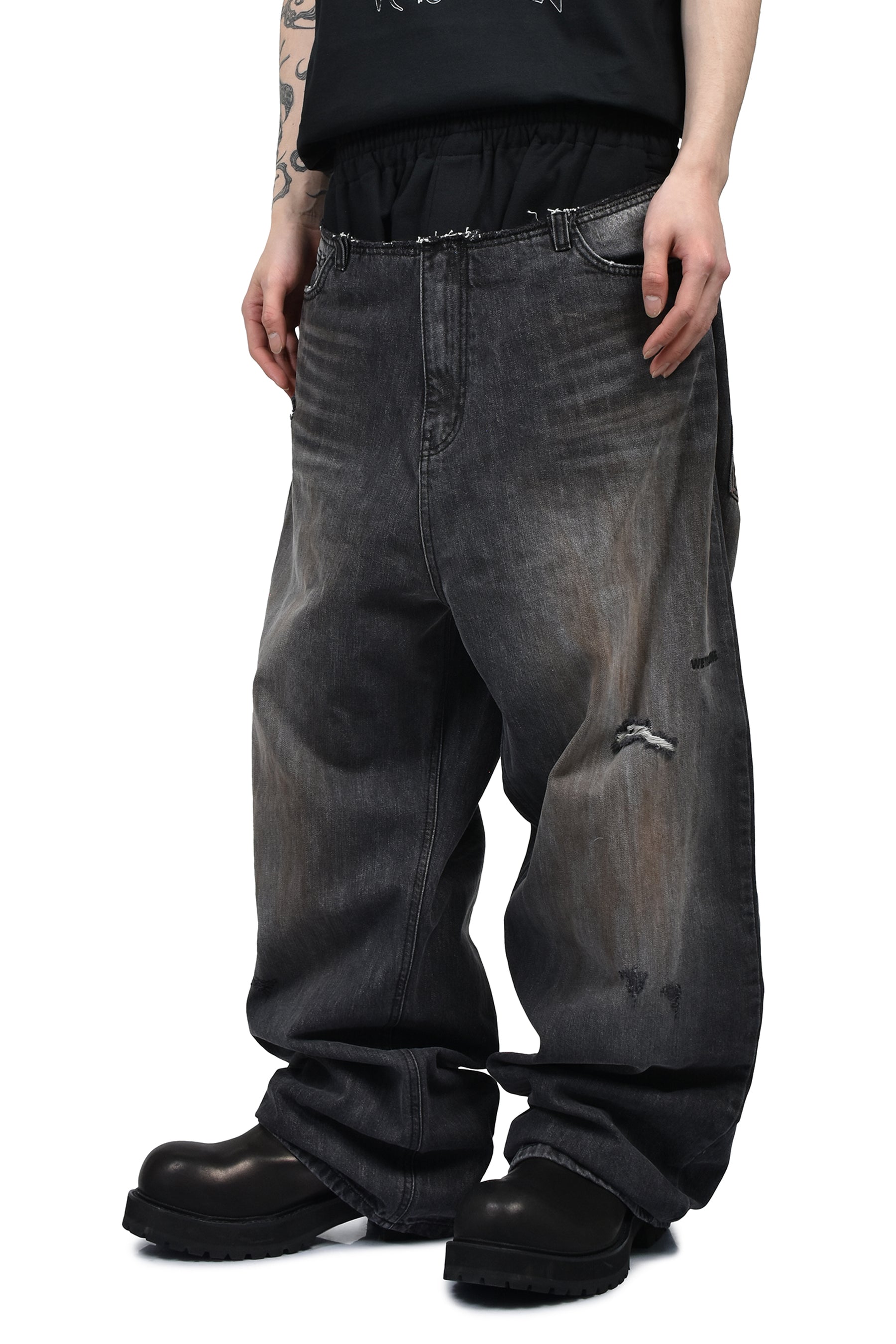 SWEATPANTS LAYERED DENIM PANTS / BLK