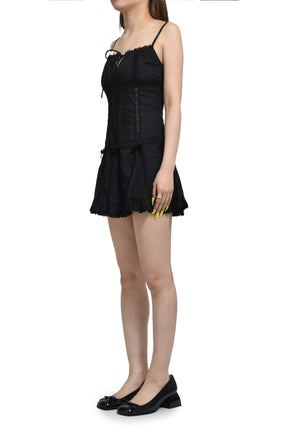 BLACK LACE TRIM PLEATED COTTON DRESS / BLK