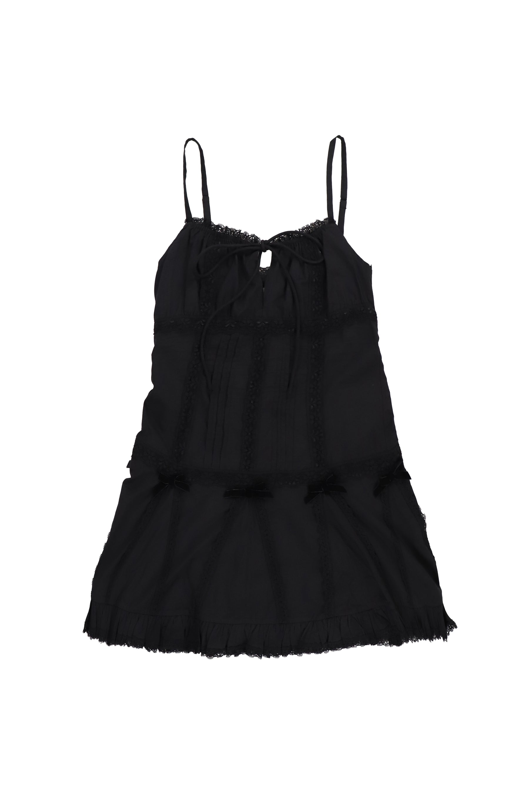 BLACK LACE TRIM PLEATED COTTON DRESS / BLK