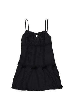 BLACK LACE TRIM PLEATED COTTON DRESS / BLK