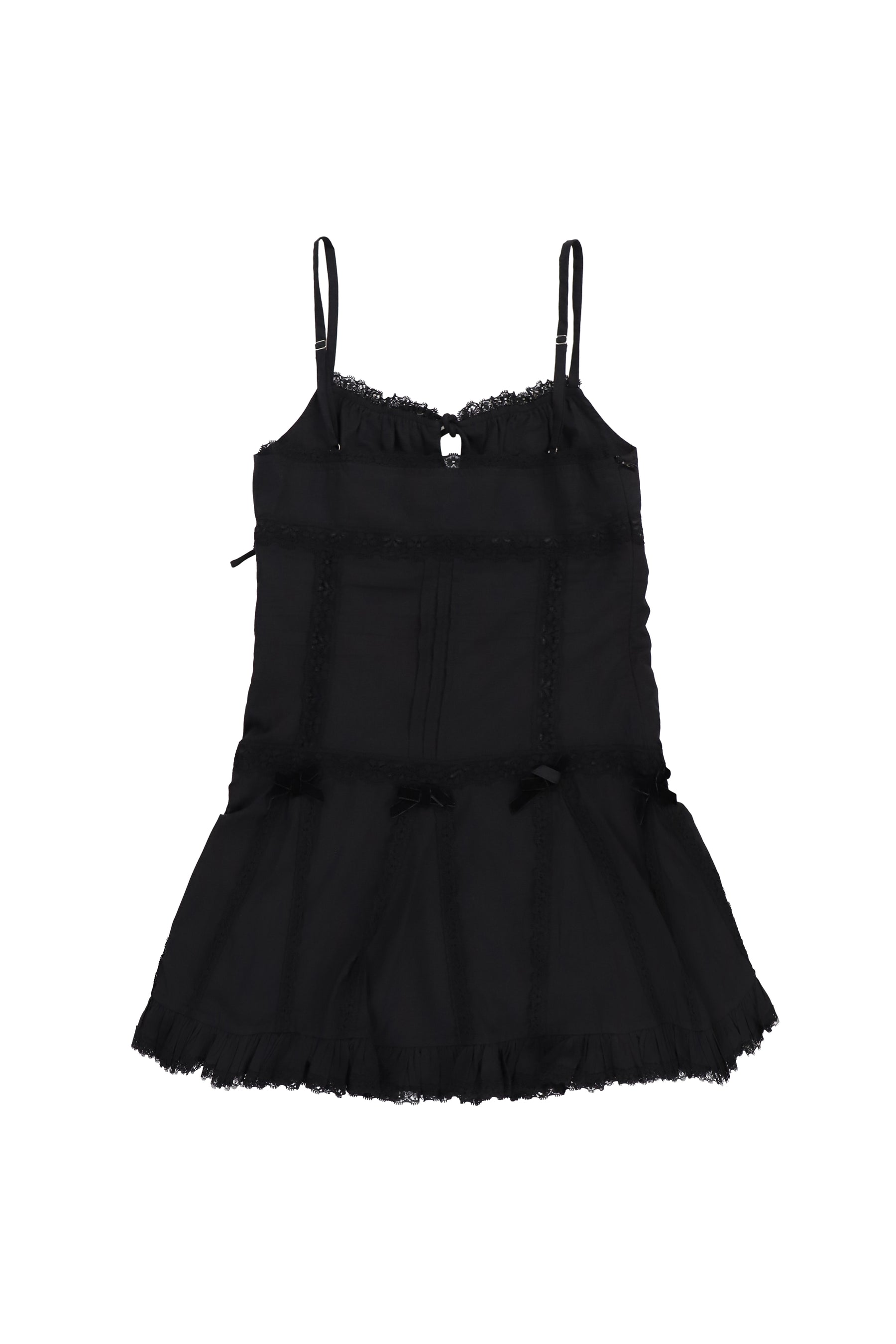 BLACK LACE TRIM PLEATED COTTON DRESS / BLK
