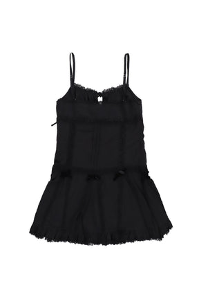 BLACK LACE TRIM PLEATED COTTON DRESS / BLK