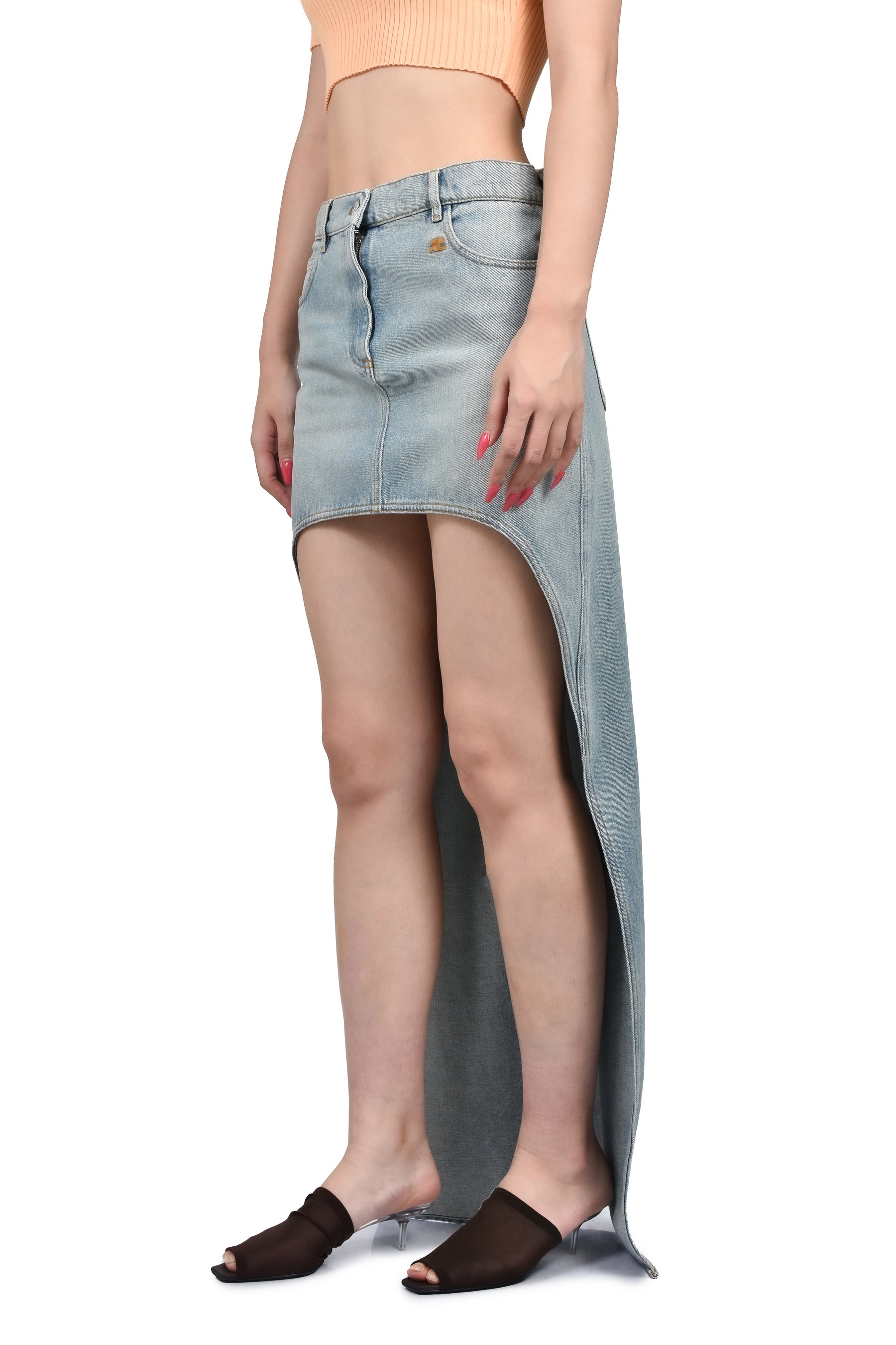 CIRCLE EDGED DENIM SKIRT / FADED BLUE DENIM