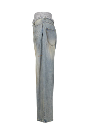 SWEATPANTS LAYERED DENIM PANTS / BLUE