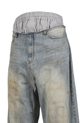 SWEATPANTS LAYERED DENIM PANTS / BLUE