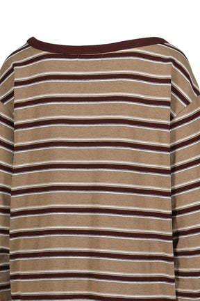 SLANTED SHOULDER STRIPED LONG SLEEVE T-SHIRT / KHA