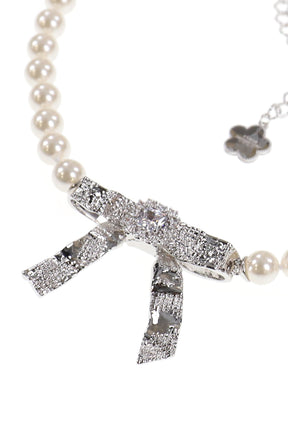 TIN FOIL BOW PEARL NECKLACE / SILVER