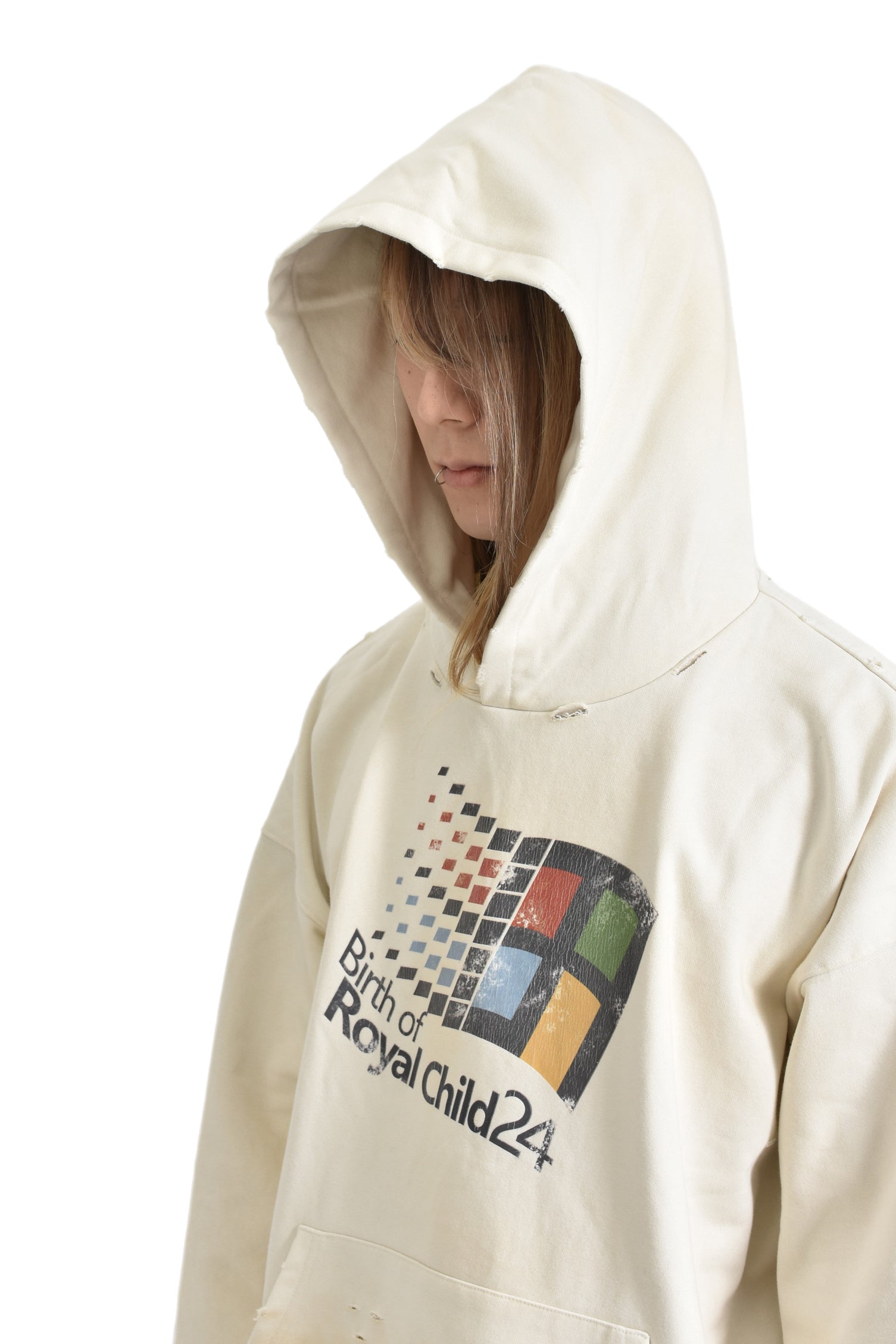 WINDOWS24 RETRO DISTRESSED HOODIE / WHT