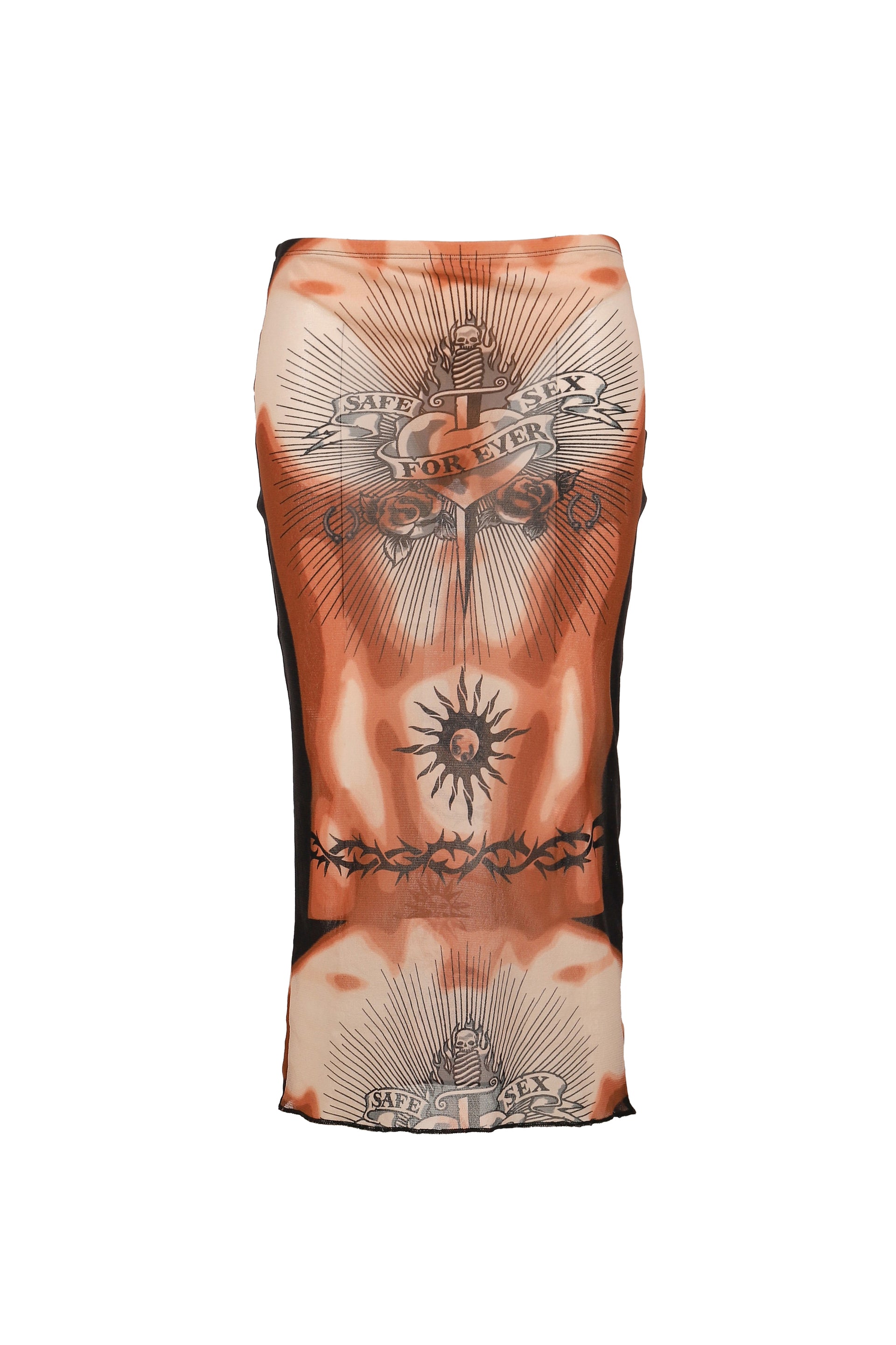 Jean Paul Gaultier RE-EDITION : MIDI SKIRT LOW WAIST - PRINTED "SAFE SEX TATOO" / NUDE/BRW/BLK