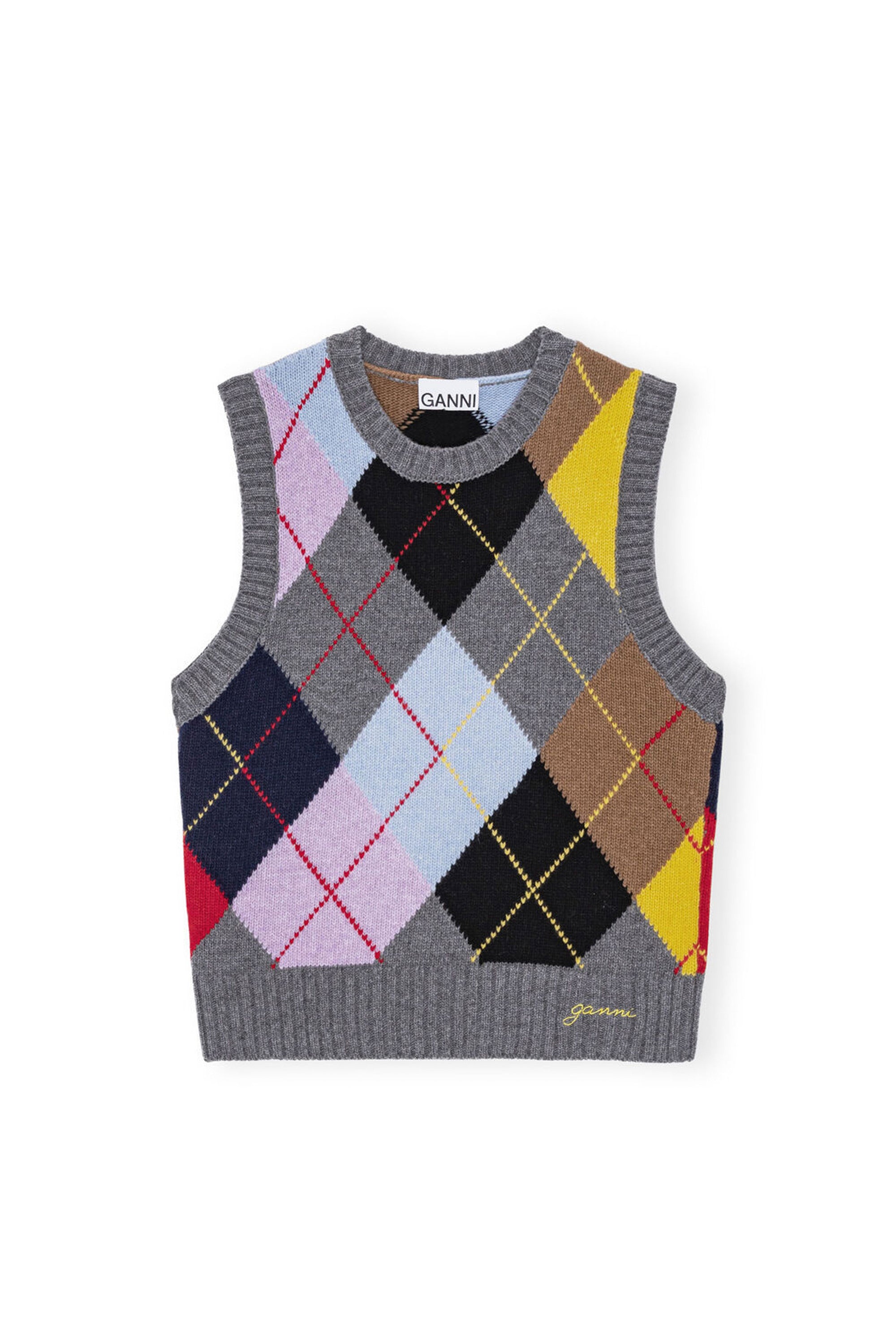 GANNI ガニー SS24 HARLEQUIN WOOL KNIT VEST / GRY - NUBIAN