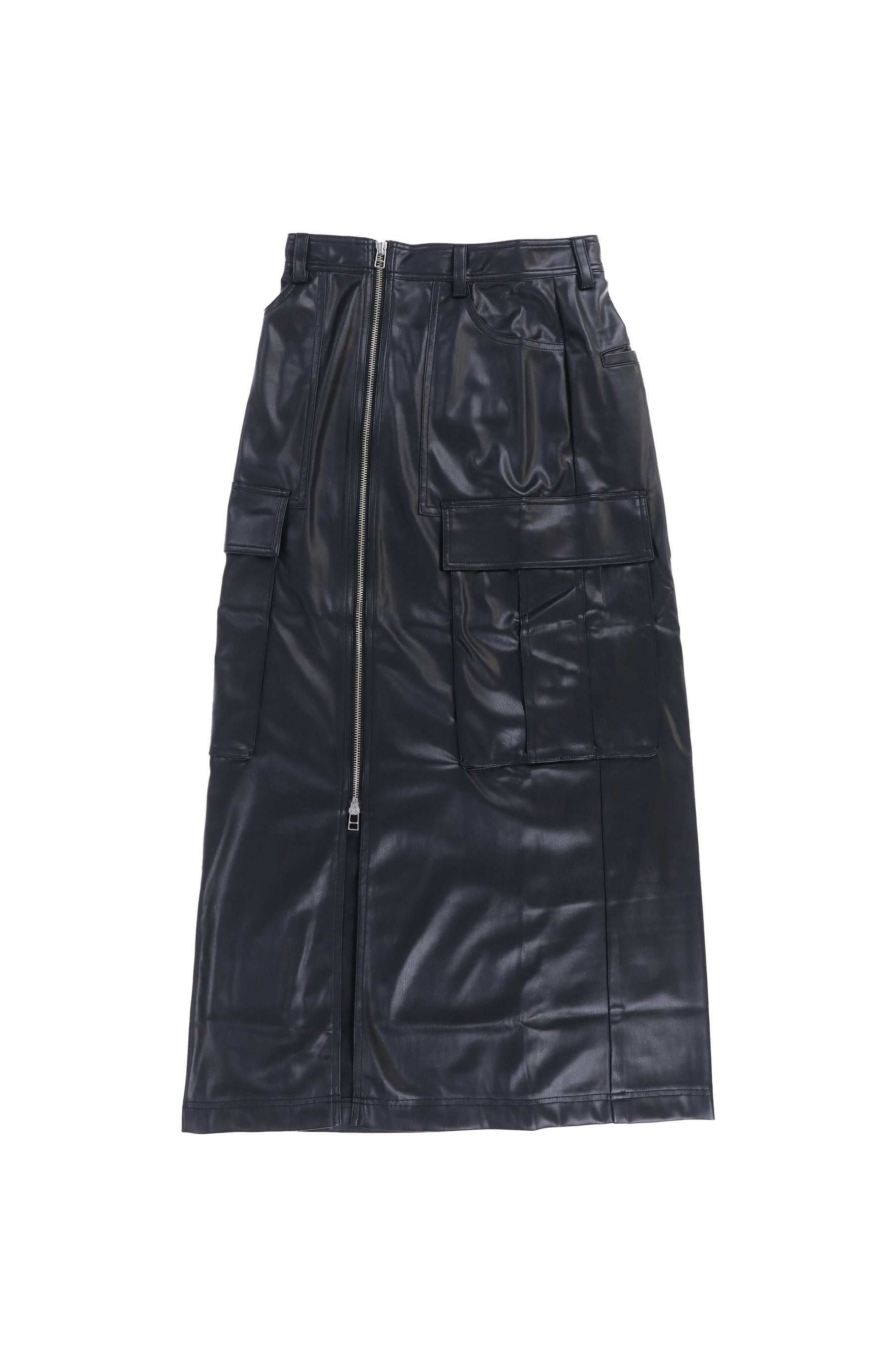 FAUX LEATHER CARGO SKIRT / BLK