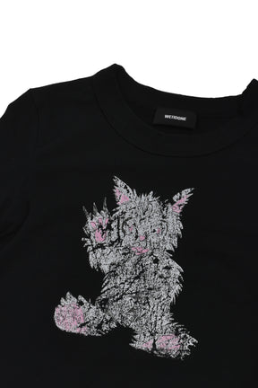 BLACK WOMENS DOODLE MONSTER PRINT FITTED T-SHIRT / BLK