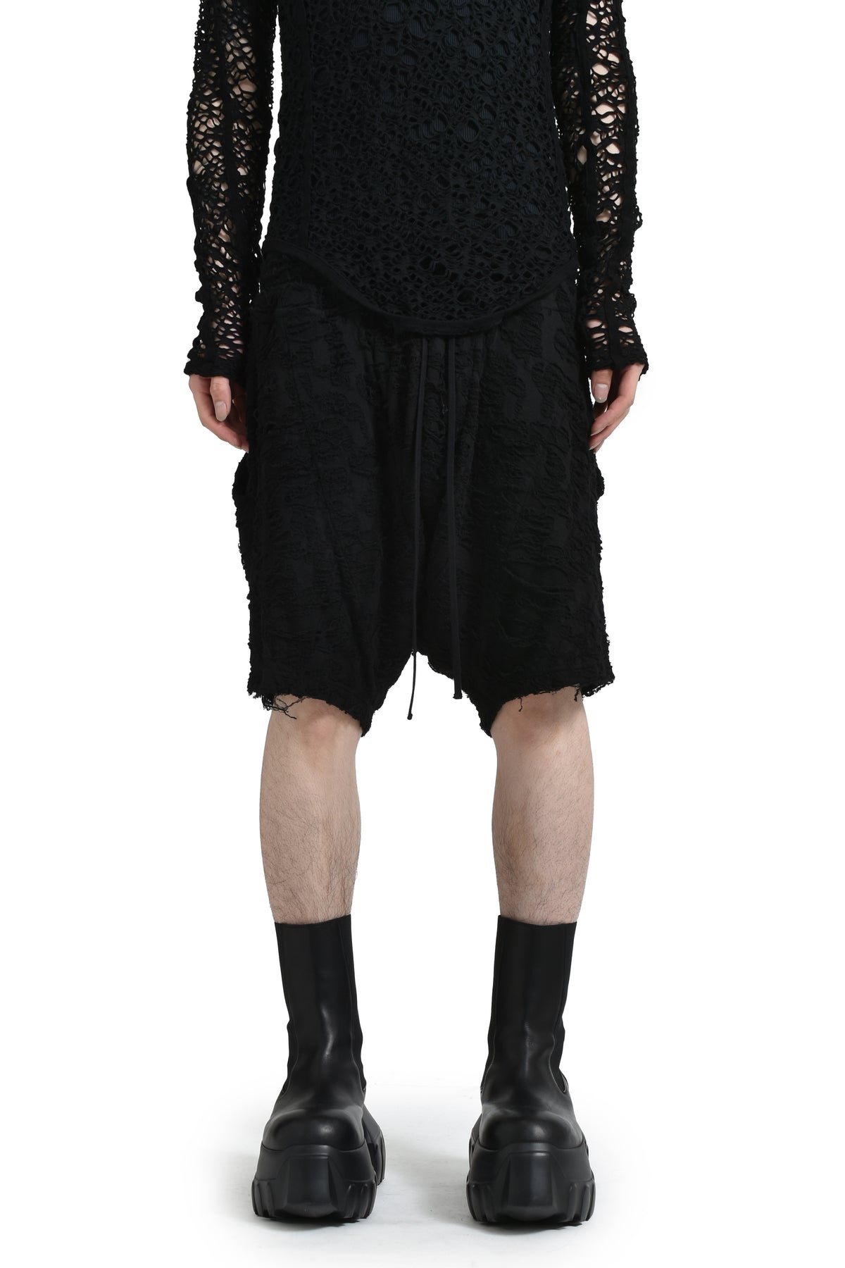 COTTON DAMAGE JACQUARD SHORTS / BLK