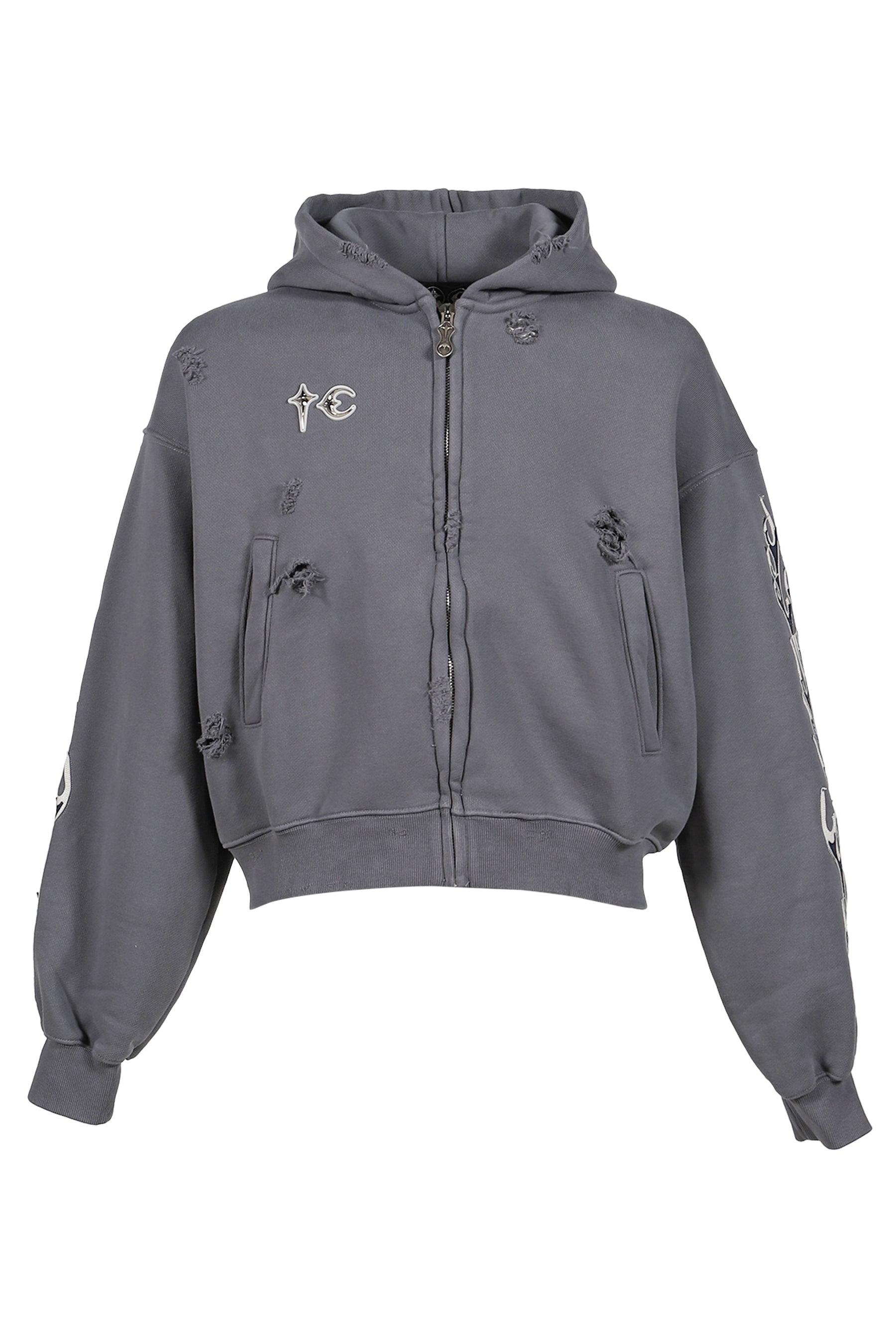 LEATHER FLAME HOODED ZIP-UP / GRY