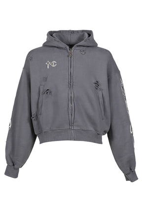 LEATHER FLAME HOODED ZIP-UP / GRY