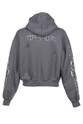 LEATHER FLAME HOODED ZIP-UP / GRY