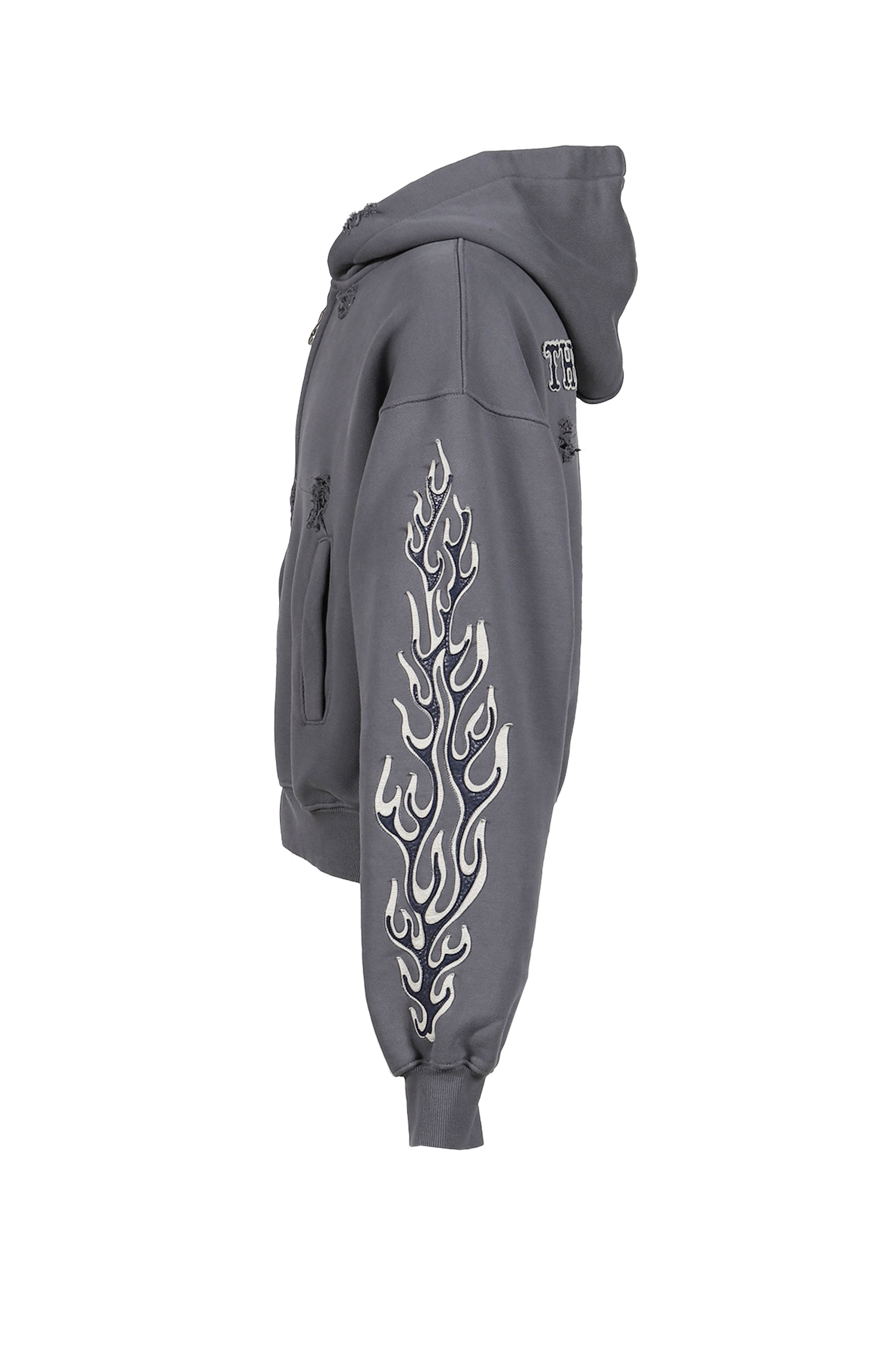 LEATHER FLAME HOODED ZIP-UP / GRY